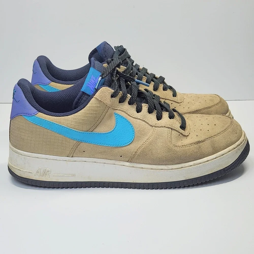 Nike Air Force 1 Low Shoes Mens Size 13 Beige Blue Suede Sneakers CD0887-201
